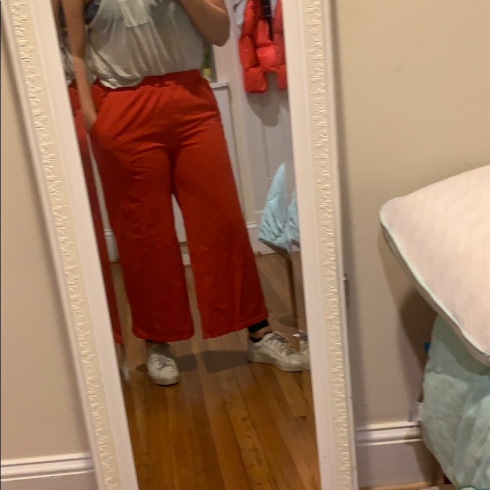 Red straight leg pants